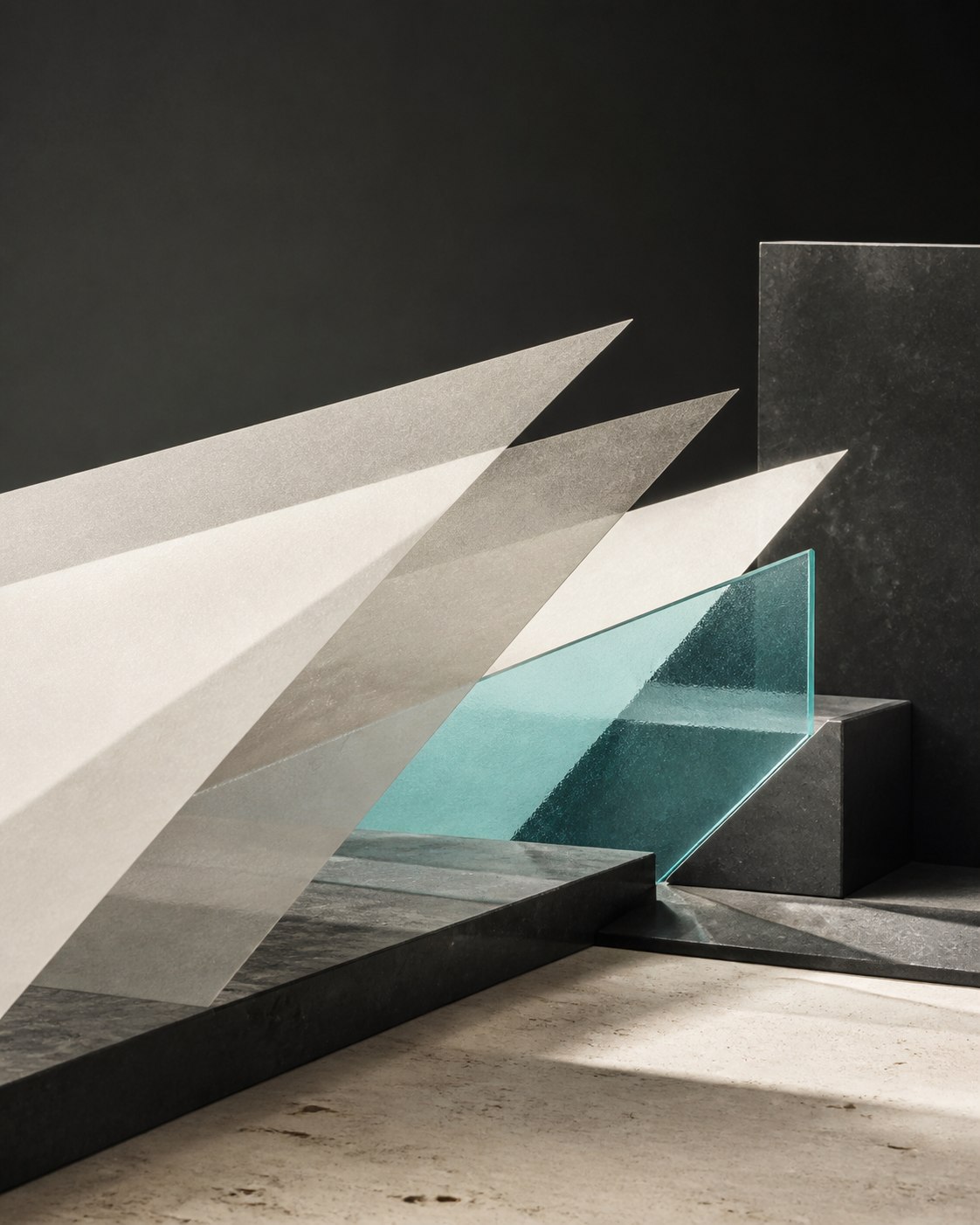 Abstract arrangement of paper, stone and teal glass suggesting clarity and forward movement